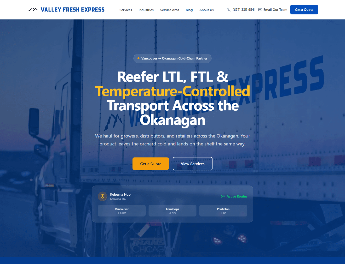Valley Fresh Express website homepage showing reefer and temperature-controlled transport services across the Okanagan